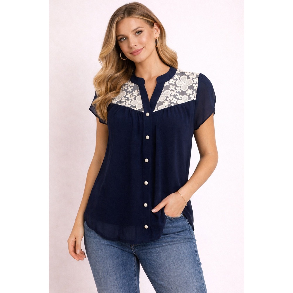 Aina Be- Navy Blouse‎ with White Floral Accents Size M